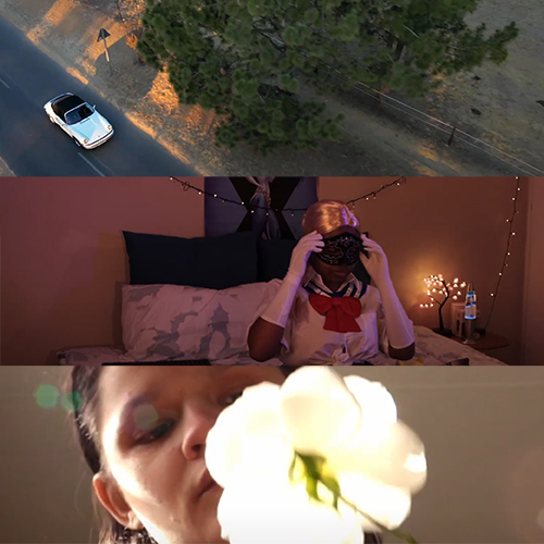 Three-panel collage: top—white car on a sunlit road with trees; middle—a person in a bedroom wearing a mask and red scarf under string lights; bottom—a close-up of a person blowing a white flower toward the camera.