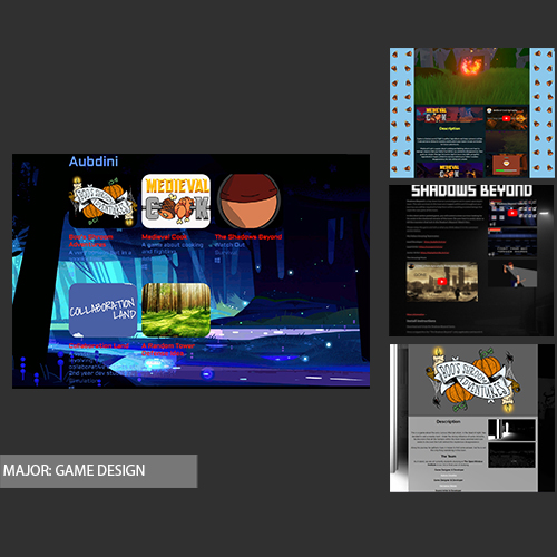 Collage of game design slides showing project thumbnails and project titles, including 'MAJOR: GAME DESIGN' label on a dark background.
