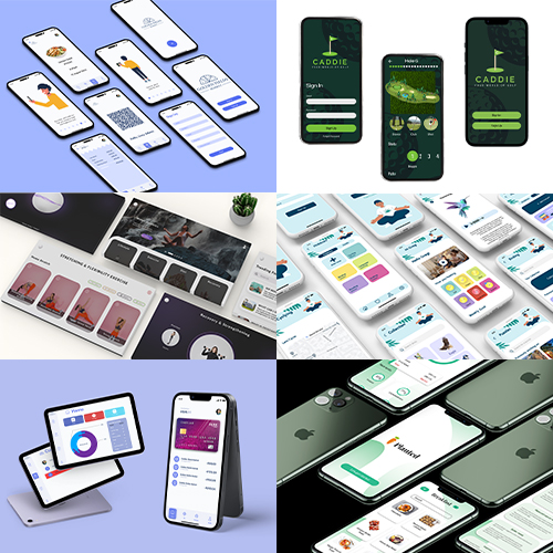 Collage of smartphone screens displaying diverse mobile app interfaces and onboarding flows on colorful backgrounds.
