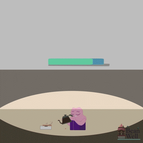 Abstract cartoon: a pink-clad figure with a teapot sits inside a circular underground cross-section near a small box and a cat-like silhouette.