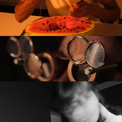 Three-panel collage: top shows a person cutting a watermelon, middle features close-up of round vanity mirrors, bottom a blurred grayscale portrait of a person in motion.
