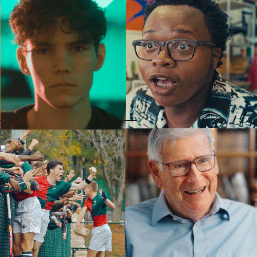 Four-panel collage featuring a teen with teal lighting, a man with glasses speaking, a group of soccer players celebrating, and an older smiling man.