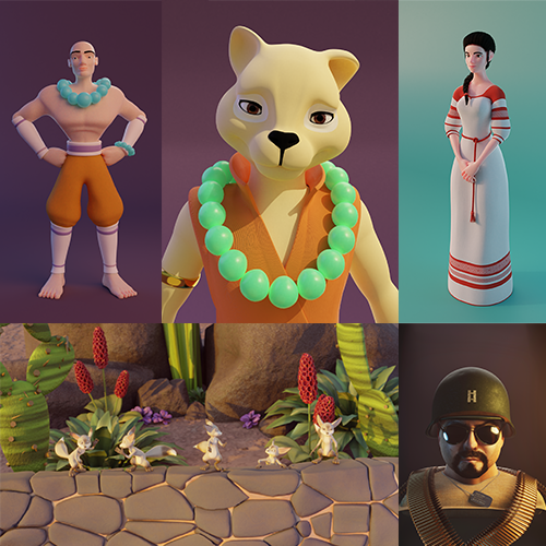 Collage of five 3D characters and scenes: a muscular fighter, a cat with a bead necklace, a woman in traditional dress, a garden with tiny creatures, and a bearded man in helmet and sunglasses.