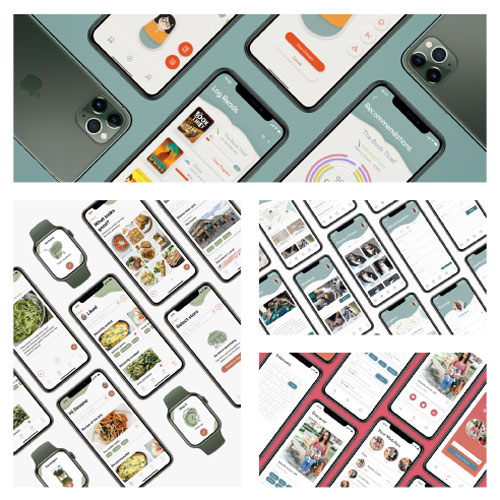 Collage of smartphone screens showing various app interfaces and features on a teal background.