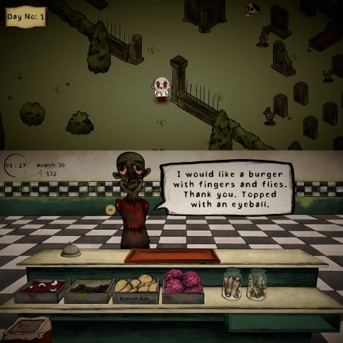 Two-panel game scene: cemetery area above with a small white character, and a creepy shop interior below where a zombie-like clerk speaks a gruesome order about a burger with fingers, flies, and an eyeball.