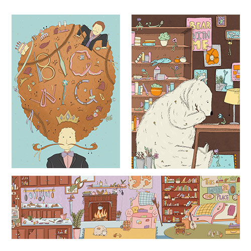 Four-panel whimsical illustration: top-left shows a person with an enormous brown head resembling a cookie, and doodles on it; top-right a large white fluffy animal in a cluttered room with shelves and a pink bear-with-me poster; bottom-left a cozy living room with a fireplace and couch; bottom-right another homey room with bookshelves and a sign that reads 'This must be the place.'