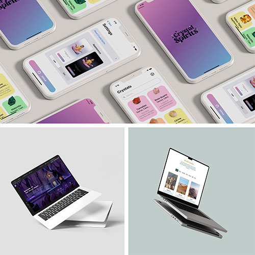 Collage of multiple smartphones showing colorful app screens with a gradient purple-blue theme and a laptop on either side.