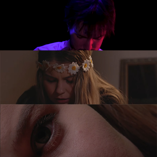 Three-part collage: top shows a person with purple stage lighting looking down, middle a woman wearing a daisy flower crown, bottom a close-up of an eye.