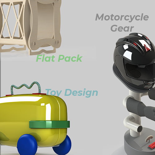 Collage of toy-design items: a yellow wheeled toy, wooden flat-pack parts, and a black motorcycle helmet with labels like 'Flat Pack' and 'Toy Design'.