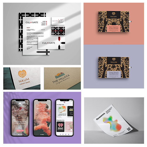Collage of branding mockups: geometric black-and-white stationery, logo cards, pastel business cards, phone app screens, and a color-splashed brochure.