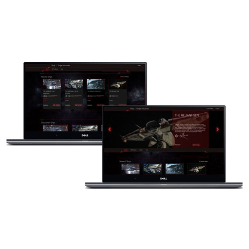 Two Dell laptops angled side by side displaying a dark red gaming website interface with a soldier graphic on the front screen.