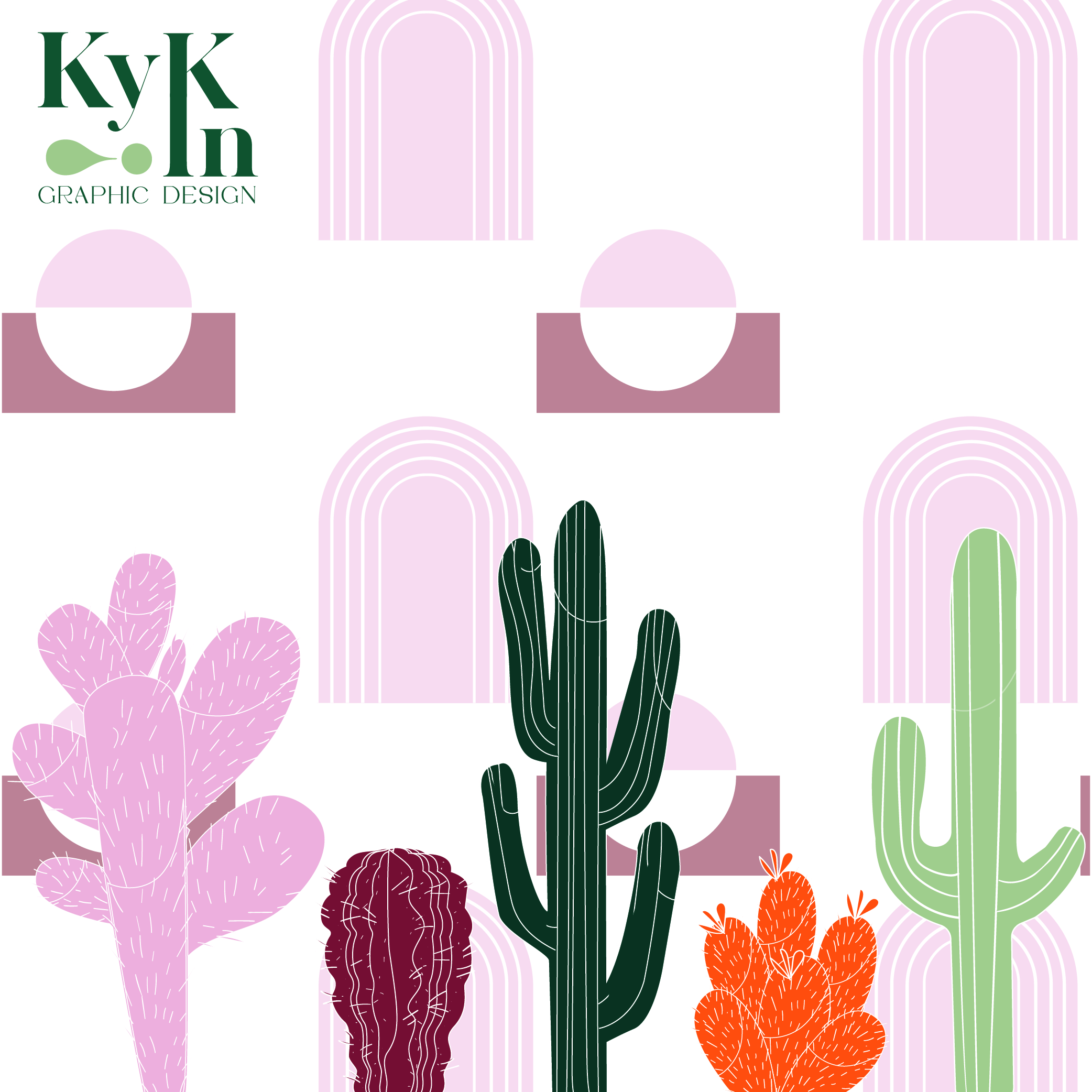 Green 'KyK' graphic design logo in the upper-left, set against a pastel desert pattern with pink arches and cacti shapes.