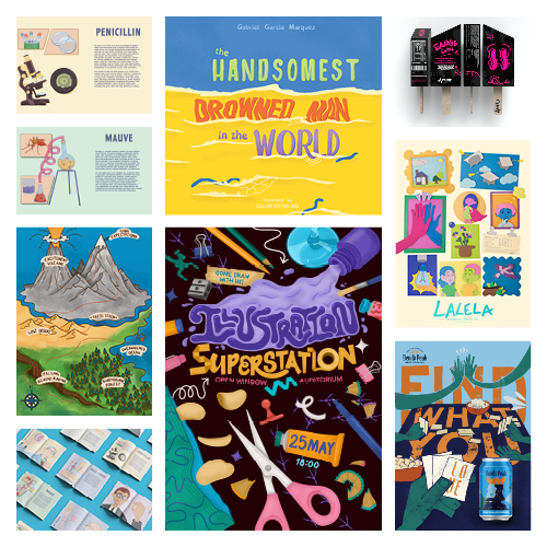 Collage of colorful posters and pages featuring science infographics, art and illustration promos, and event flyers.