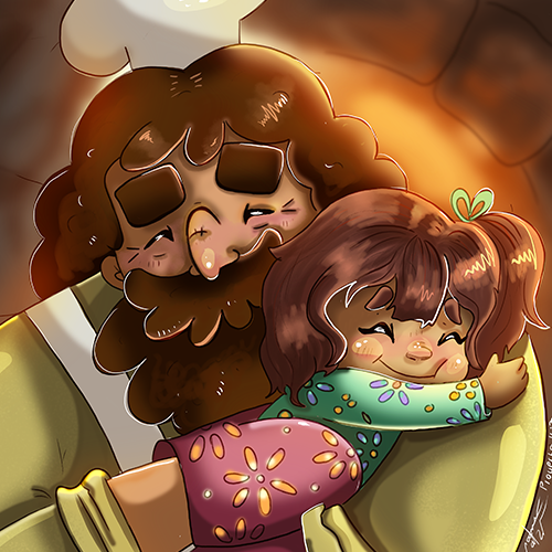 A bearded man and a child hug warmly, faces joyful with rosy cheeks, in a cozy, glowing scene.