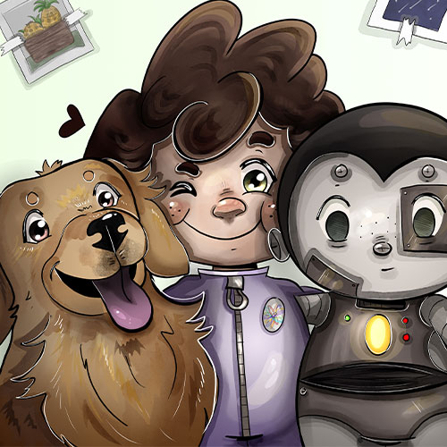 Cartoon of a girl with brown hair posing with a happy golden retriever and a friendly gray robot for a selfie; they smile and lean in together, with small hearts and photos on the wall in the background.