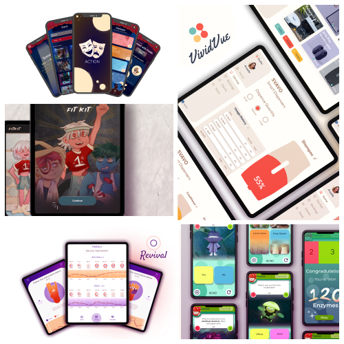 Collage of tablet and phone screens showing various app UI dashboards, art, and onboarding screens.