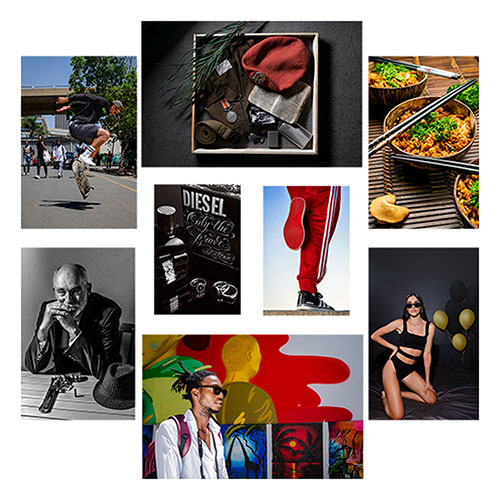 collage of eight images including a skateboarder performing a trick, a tray with a hat and greenery, and bowls of food on a wooden table, all in a grid layout?
