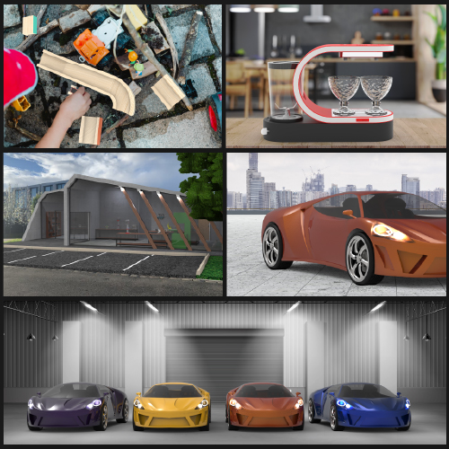 Collage: top-left child playing with a wooden train set on a rough surface; top-right red curved glassware rack holding two wine glasses on a kitchen counter; middle-left modern angular building with large doors; middle-right orange sports car by a waterfront city; bottom: five luxury cars—purple, yellow, orange, red, and blue—in a bright showroom.