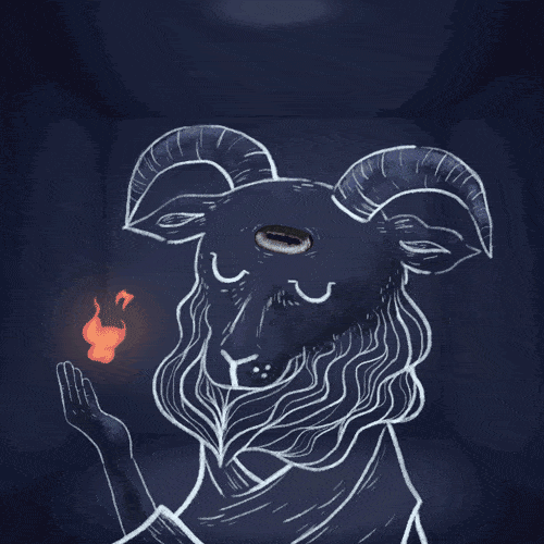 Whimsical chalk drawing of a horned ram raising a hand with a tiny glowing flame on the palm in blue-dark tones.