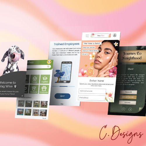 Collage of multiple app screens and a dog illustration on a soft pink-orange gradient background, labeled C-Designs.