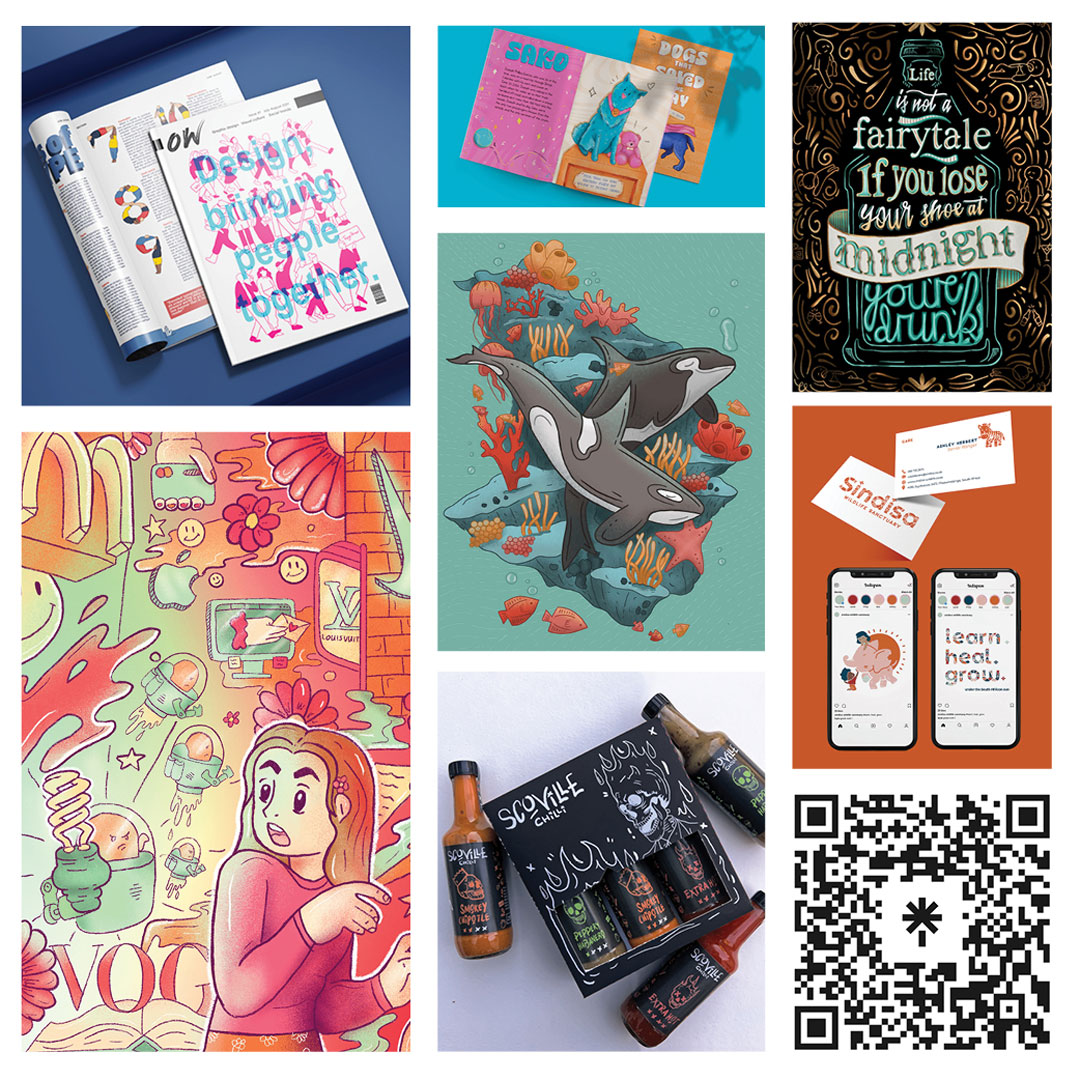 Collage of graphic design pieces: magazine spread, colorful book pages, playful underwater illustration, ornate poster with typography, smartphone mockups, product bottles, and a QR code.