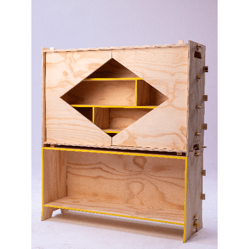 Wooden cabinet with a diamond-shaped front opening and yellow trim, showing interior shelves on a light background.