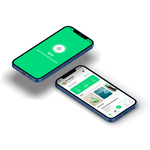 Two blue smartphones floating on a white background, displaying an eco app: one onboarding screen in green, the other a dashboard with green cards and images.