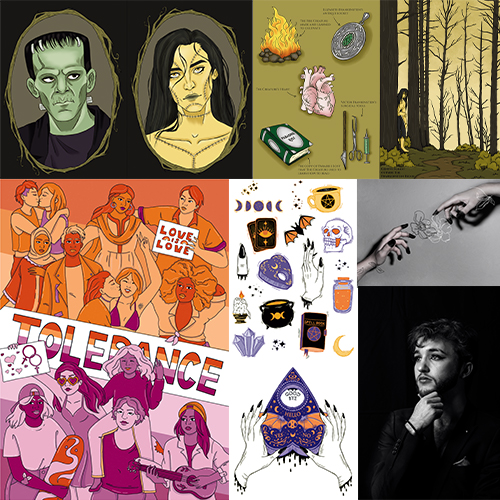 Collage of eight panels: eerie green-faced portraits, survival gear and campfire image, a bare forest scene, orange protest with 'LOVE' sign, occult and mystical drawings, and a moody male musician.