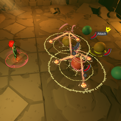 Character in green on the left faces a cluster of glowing runic rings and enemies on the right, with an 'Attack' prompt nearby.