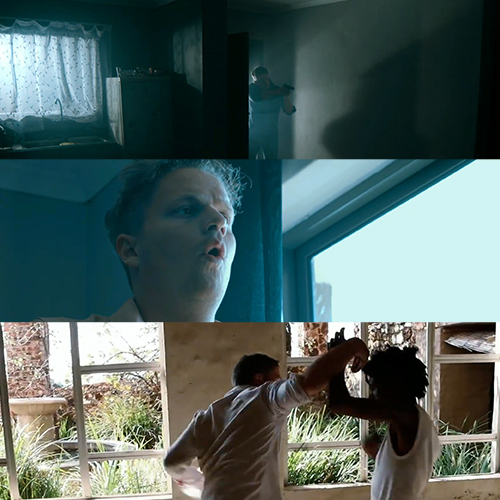 Collage of three film stills: a person with a gun in a dim room, a close-up of a man shouting, and two people fighting near a bright window.