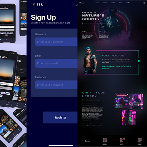 Triptych of UI designs: left shows mobile app screens, middle displays a dark blue Sign Up form with Username, Email, Password fields and a Register button, right features a neon, futuristic gaming-themed layout with character images and text blocks.