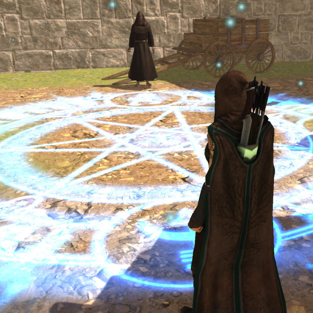 Hooded figure stands inside a glowing blue magical circle etched on rocky ground, with a wooden cart and stone wall behind them; an archer in the foreground watches away from the circle.