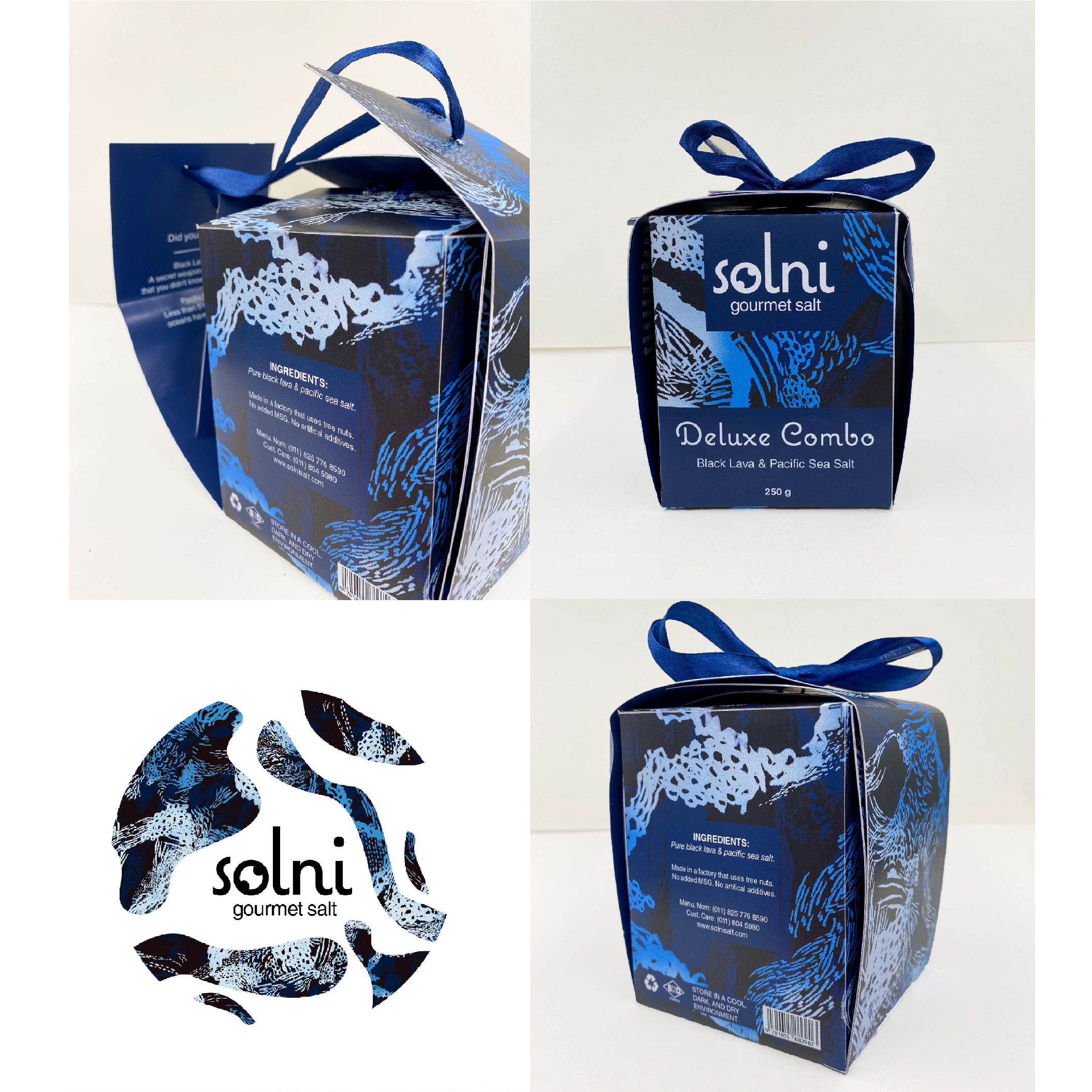 Blue Solni gourmet salt box with white and blue decorative pattern and ribbon, collage-style image.