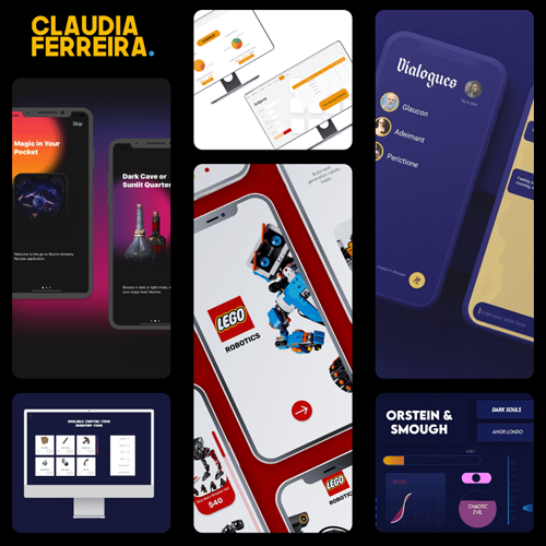 Collage of mobile app screens and branding, including Claudia Ferreira logo and various UI previews.