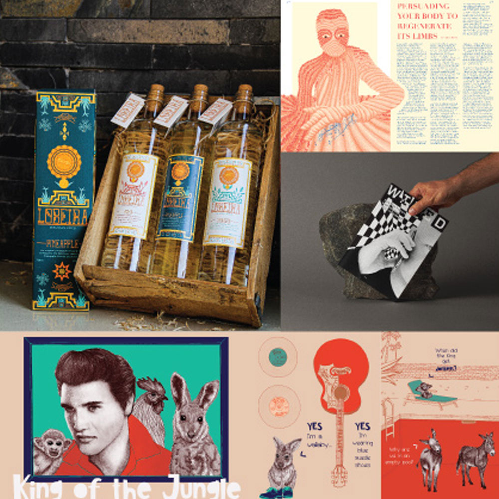 Collage of colorful pop-art posters and product photos: bottles in a wooden crate, ornate teal label packaging, red illustration of a striped figure, black-and-white collage, Elvis with animals, and whimsical animal-themed art.