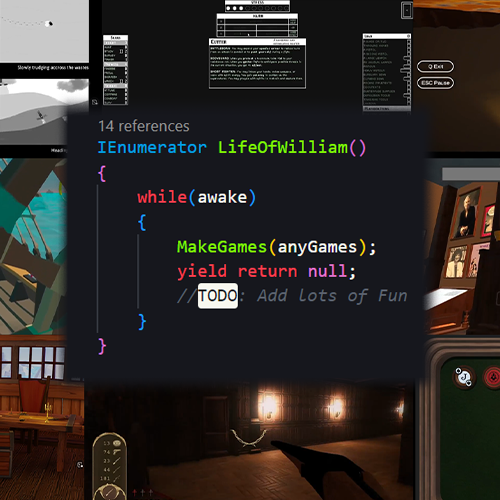 Close-up of a dark code editor showing C#-style snippet for LifeOfWilliam(), looping while awake and yielding null, surrounded by a collage of game scenes in the background.