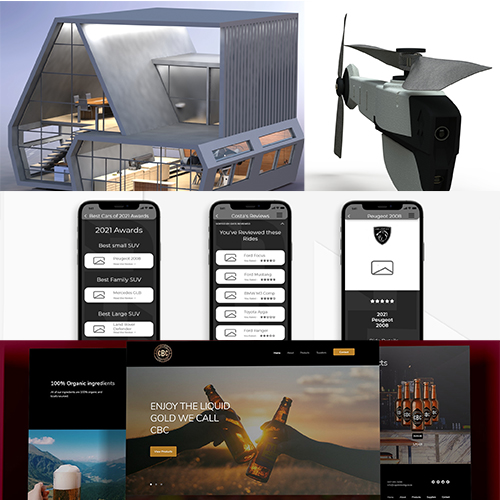 Collage showing a futuristic house design (exterior and interior), a drone, smartphone app screens, and a beer brand website hero.