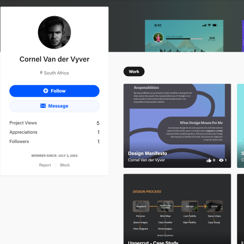 Profile card for Cornel Van der Vyver with avatar, location (South Africa), Follow and Message buttons, and three stat lines (Project Views, Appreciations, Followers). This represents a user profile panel on a portfolio page.
