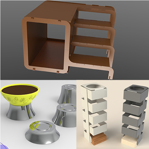 3D render of a modular wooden shelf unit with rounded edges, shown against a gray gradient, with separate views of modern metal stools and stackable cuboid units.