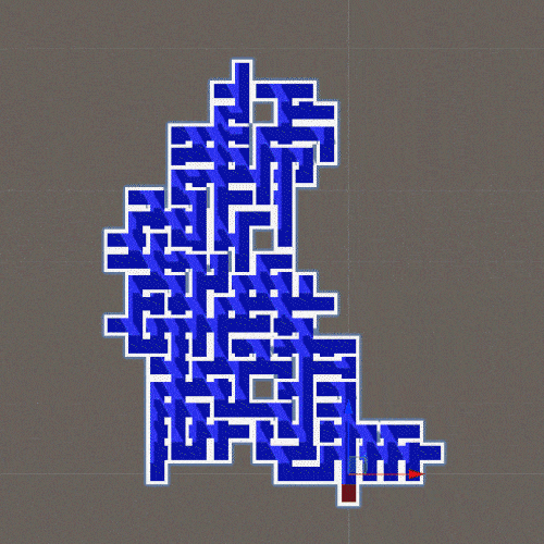 Abstract blue maze pattern with white borders set against a brown background.