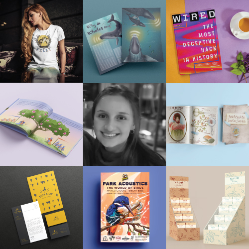 Collage of nine images: a woman, open books, a Wired magazine, a smiling girl, children’s book pages, business cards, a concert poster, and paper-letter sculptures in a grid.