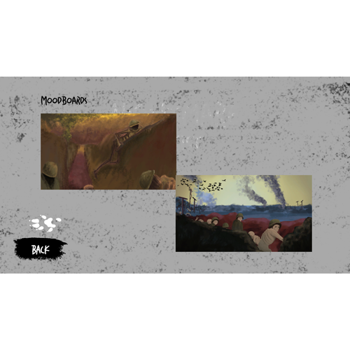Menu screen with gray speckled background, two artwork thumbnails labeled MoodBoards (left: brown-toned scene, right: blue/red landscape), and a black brush-stroke Back button bottom-left.