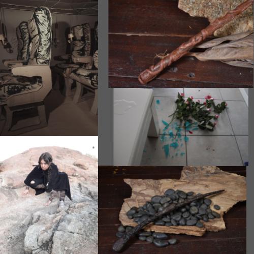 Collage of five scenes: an empty seating area, a dried twig on wood, a person on rocky terrain, a toppled bouquet on a tiled floor with blue paint, and a bark slab with a stick and seeds.