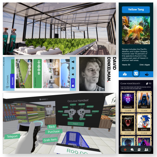 Composite image: a greenhouse hydroponics area with leafy crops, plus a vertical profile panel labeled 'Yellow Tang' featuring David Dunkeman, and a first‑person VR store UI with item cards and controls like Teleport, Grab Item, and Purchase.