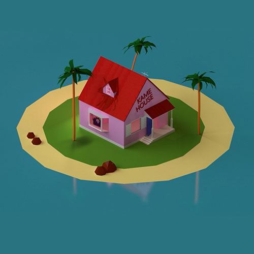 Pink toy house with a red roof labeled 'KAME HOUSE' on a small sandy island with palm trees and turquoise water nearby.