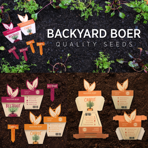 Seed packets for beetroot and carrot laid out on soil under a 'Backyard Boer Quality Seeds' banner, showing branding and labels.