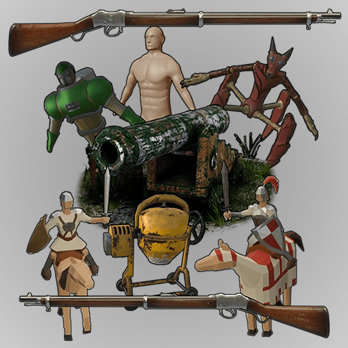 Collage of historical and fantasy figures around a rusty cannon and cement mixer, with two muskets framing the scene.