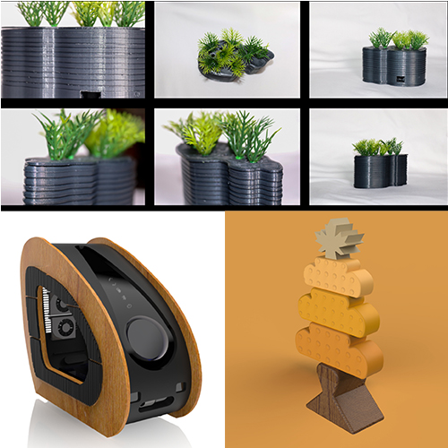 collage of green plants in black modular pots, photos arranged in a grid; plus a wooden curved speaker and a yellow stacked sculpture on a brown base