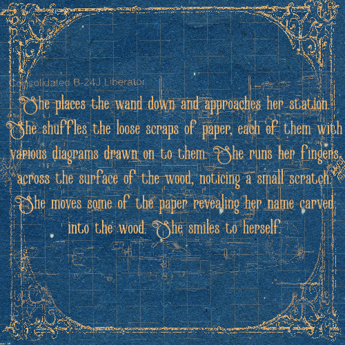 Ornate blue book-cover style background with gold filigree border and gold text; a short poem about placing a wand, shuffling paper scraps with diagrams, tracing a scratch on wood, revealing a name carved in, and smiling.