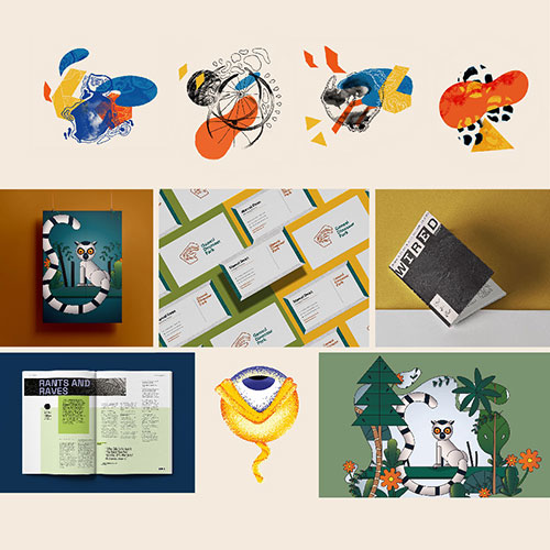 Collage of colorful abstract shapes and design layouts, including business cards, a magazine, a notebook, and a tropical lemur scene.